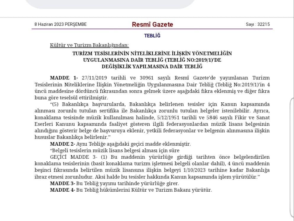 Turizm  sektörüne ve otellere müzik lisanslama zorunluluğu geldi