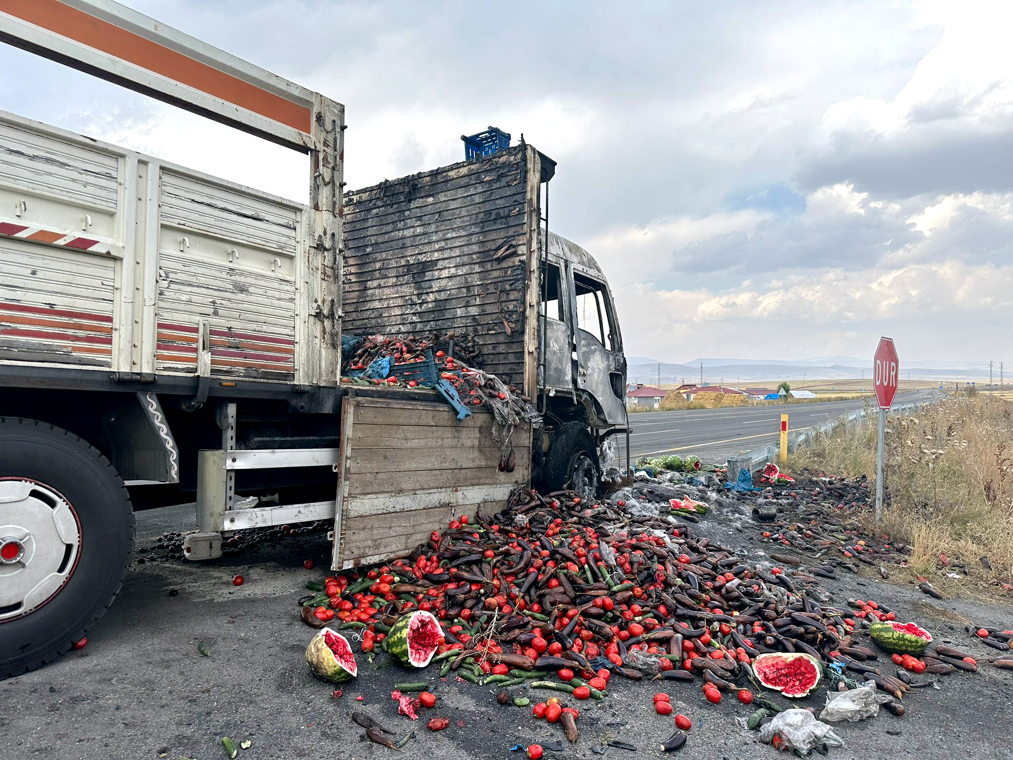 Kars'ta seyir halindeki sebze yüklü kamyon yandı