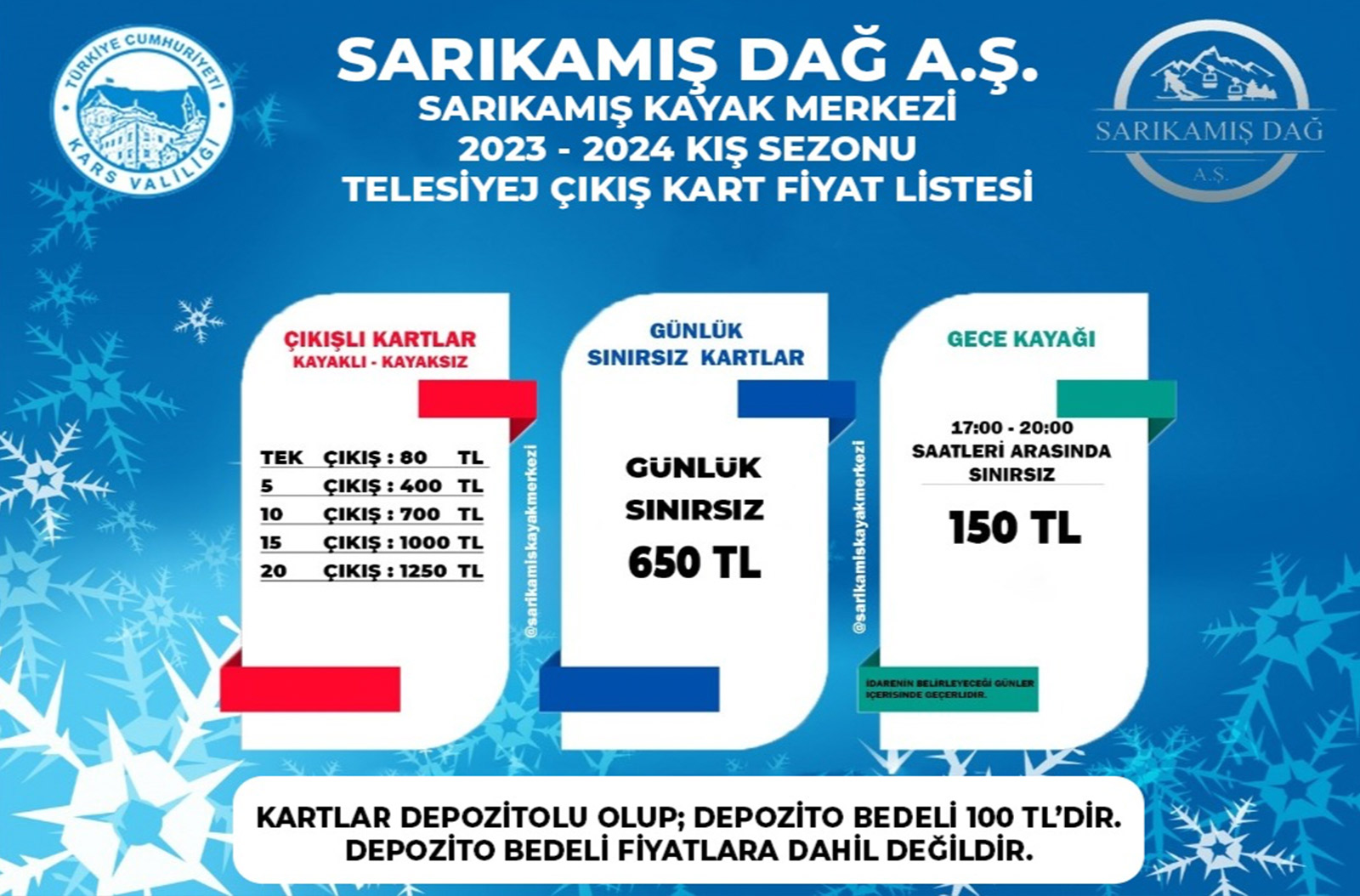 Sarıkamış Kayak Merkezinde kart fiyatlarına tepki