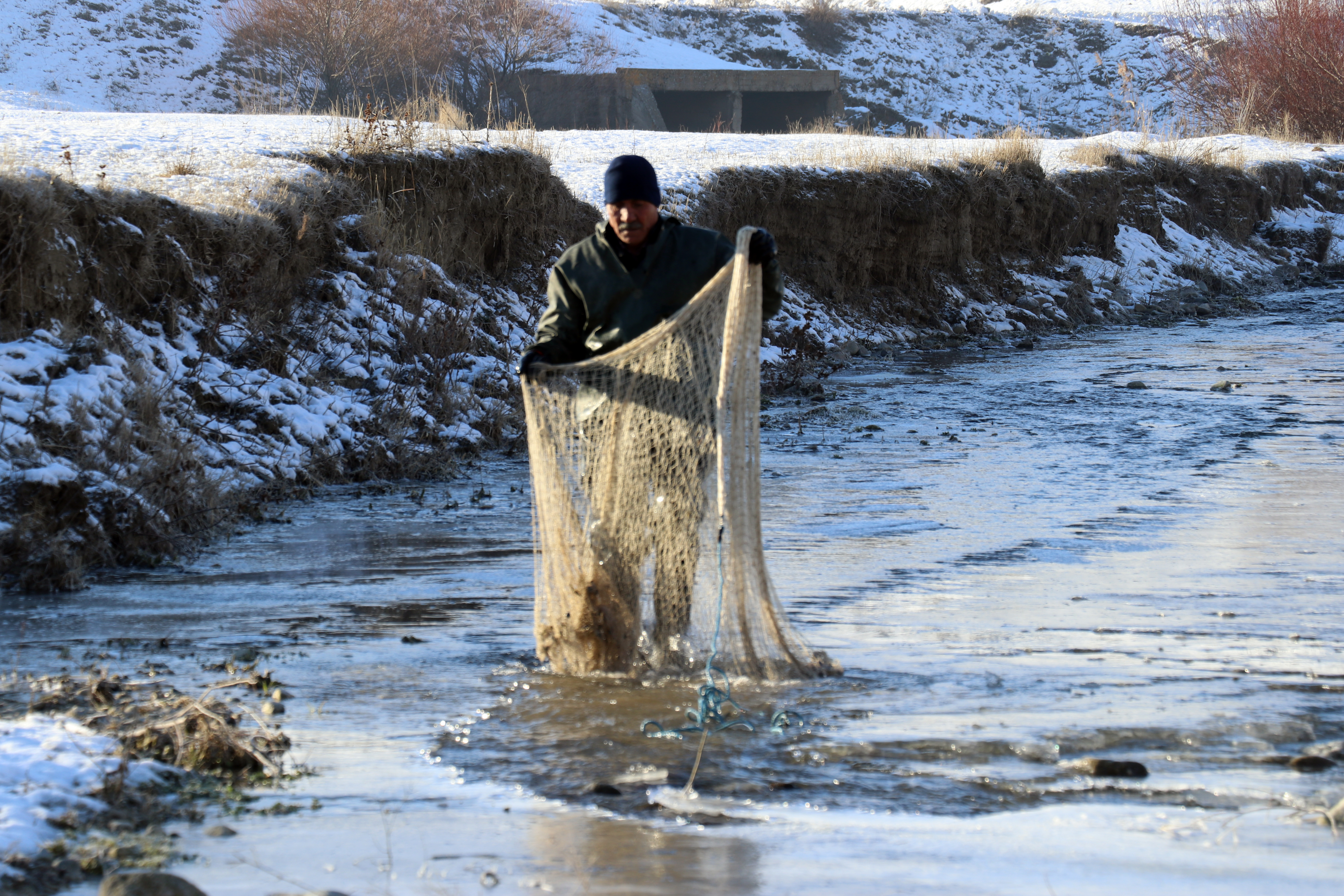 Dondurucu soğuğa rağmen nehirde buz parçaları arasında balık avlıyor