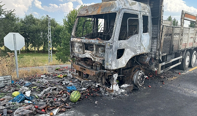 Kars'ta seyir halindeki sebze yüklü kamyon yandı