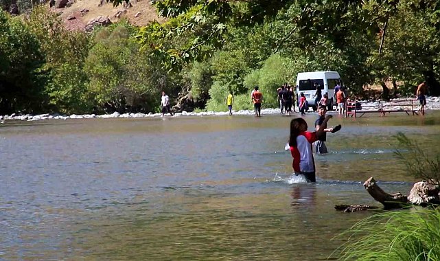 Derecik'te sıcaktan bunalan vatandaşlar derede serinliyor