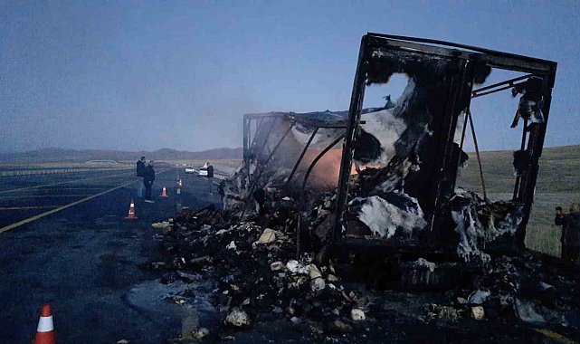 Kars'ta hareket halindeki kamyon yandı