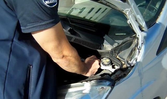 Otomobilin motor kısmına giren kedi kurtarıldı