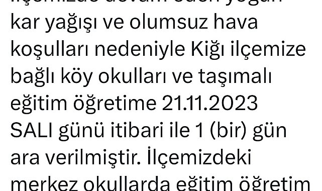 Yedisu'dan sonra Kiğı'da da taşımalı eğitime 1 gün ara verildi