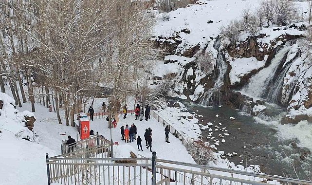 Beyaz gelinliğini giyen Muradiye Şelalesi'ne yoğun ilgi