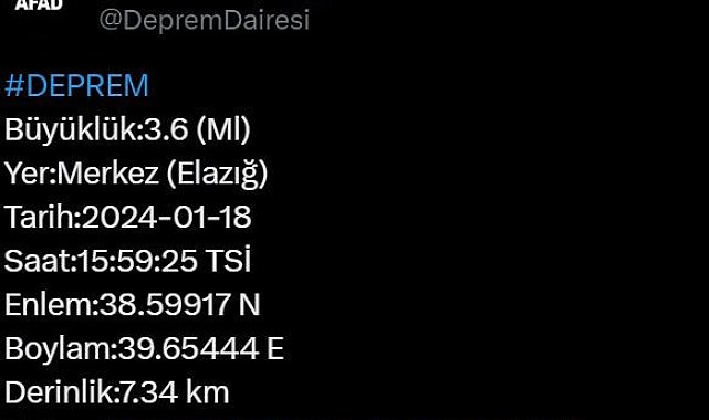 Elazığ'da 3.6 büyüklüğünde deprem