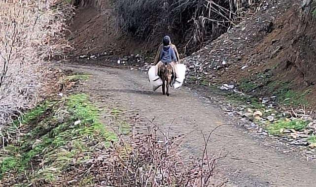 Elazığ&#039;da selde çöken yolu kullanamayan köylüler hayvanlarına eşekler ile yem taşıyor