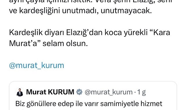 Başkan Şerifoğulları'ndan Murat Kurum'a: "Elazığ'dan koca yürekli Kara Murat'a selam olsun"