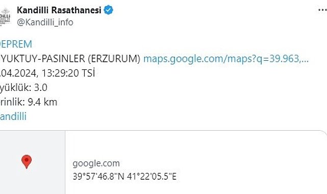 Pasinler'de 3,0 büyüklüğünde deprem
