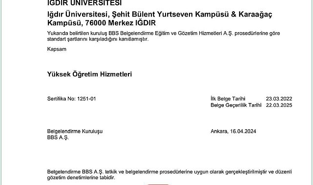 Iğdır Üniversitesinin Kalite Yönetim Sistemi bir kez daha tescillendi