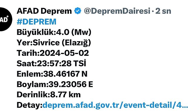 Elazığ&#039;da 4.0 büyüklüğünde deprem