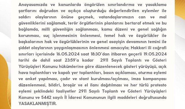 Hakkari Valiliğinden yasaklama kararı