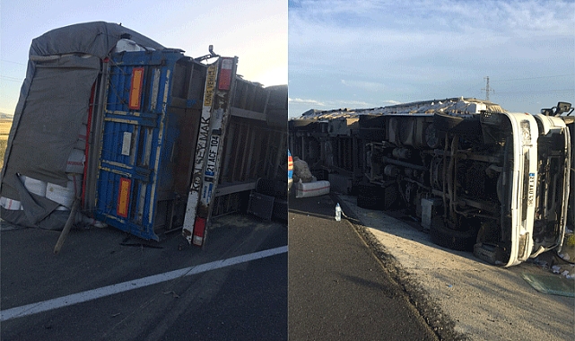 Digor'da saman dolu tır devrildi