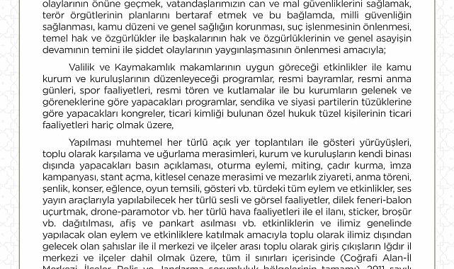 Iğdır'da gösteri yürüyüşü ve açık hava toplantı yasağı