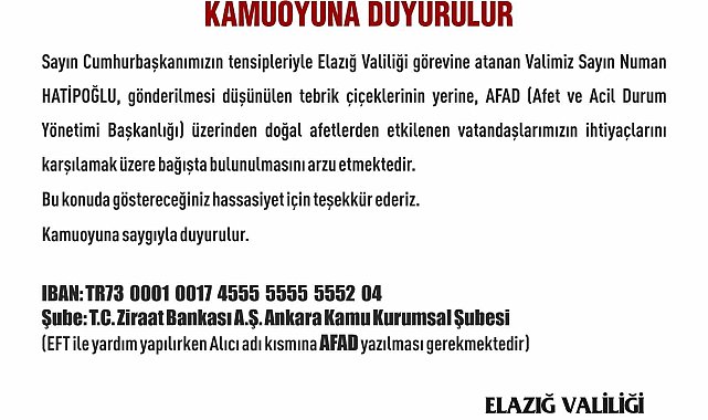Elazığ'ın yeni Valisi Hatipoğlu, çiçek yerine AFAD'a bağışta bulunulmasını istedi
