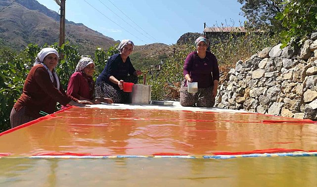Kadınların zorlu pestil yapımı imece usulü ile eğlenceli hale geliyor