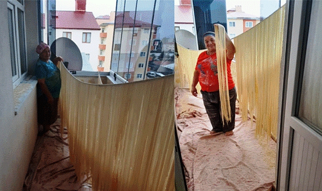Kars'ta erişteler balkonlara dizildi