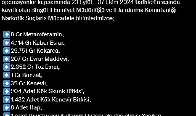 Bingöl'de son bir haftanın asayiş verileri açıklandı: 28 gözaltı, 2 tutuklama