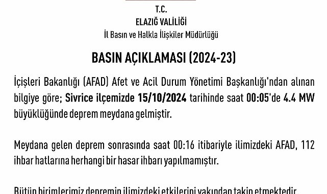 Elazığ Valiliği'nden deprem açıklaması: "Herhangi bir hasar ihbarı yapılmamıştır"