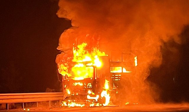 Aşkale'de seyir halinde alev alan tır yanarak küle döndü
