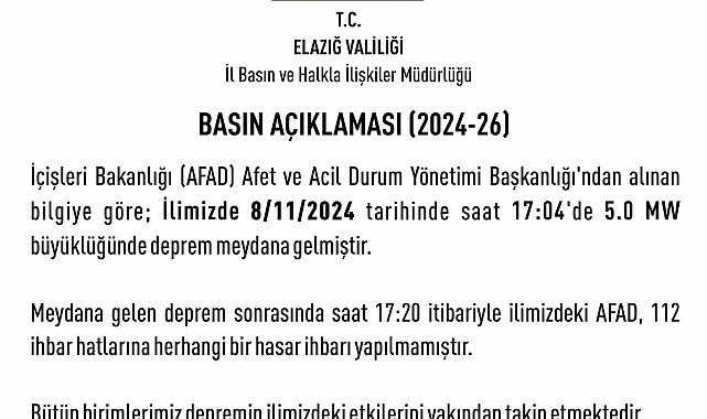 Elazığ Valiliği: "Deprem sonrası herhangi bir hasar ihbarı yapılmamıştır"
