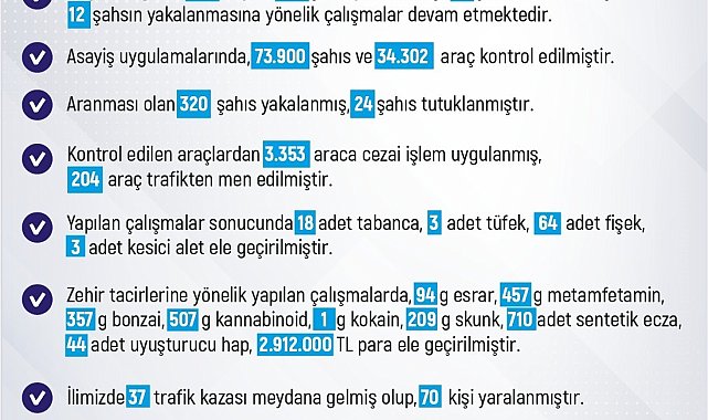 Elazığ'da son bir haftada 254 olay meydana geldi, 250 şahıs yakalandı