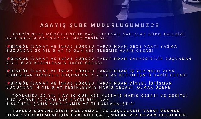 Bingöl'de 29 yıl kesinleşmiş hapis cezası bulunan şahıs yakalandı