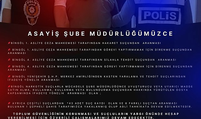 Bingöl'de 43 adet suç kaydı bulunan şüpheli yakalandı