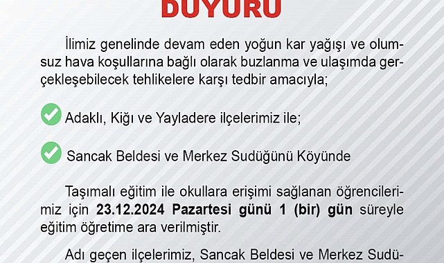 Bingöl'ün üç ilçesinde taşımalı eğitime 1 gün ara verildi