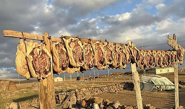 Kars'ta kazlar tellerde kurutuluyor