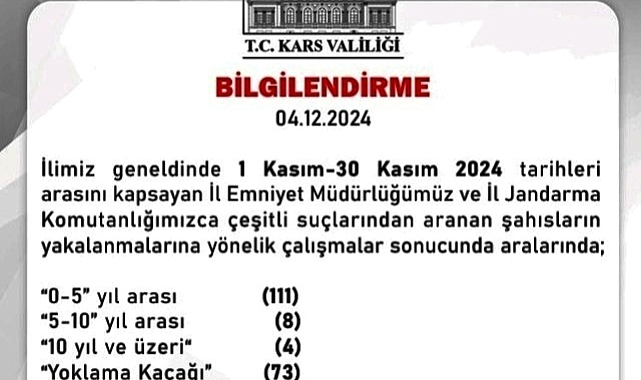 Kars'ta son 1 ayda 382 aranan şahıs yakalandı