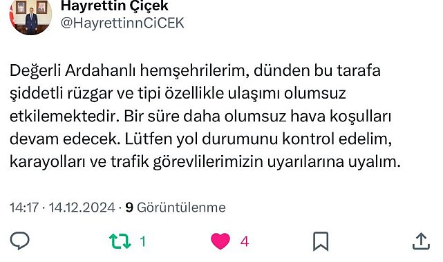 Vali Çiçek'ten sürücülere kar ve tipi uyarısı