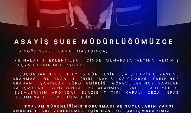 Bingöl'de hakkında 3 yıl kesinleşmiş hapis cezası bulunan şahıs yakalandı