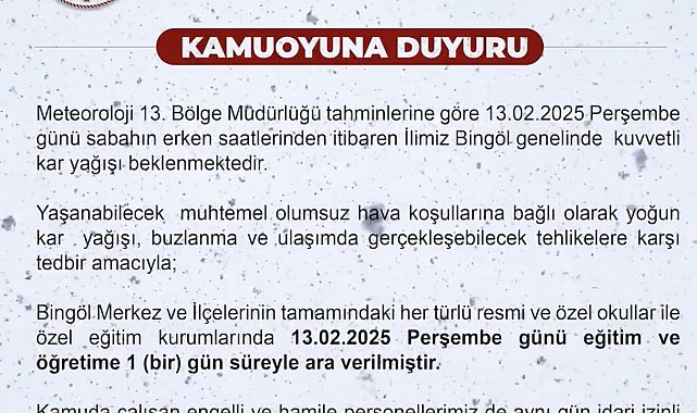 Bingöl'de eğitime 1 gün ara verildi