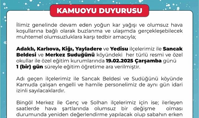 Bingöl'de okullara kar tatili