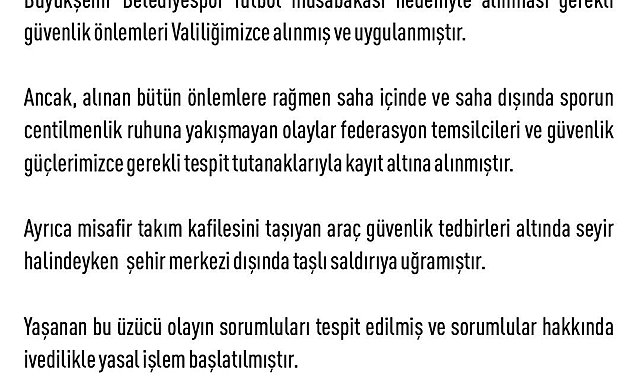 Elazığ Valiliği'nden maç sonrası açıklama
