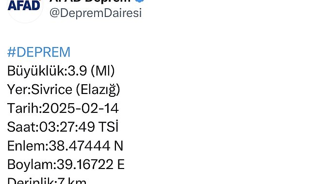 Elazığ'da 3.9 büyüklüğünde deprem