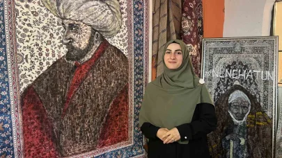 Halıların üzerine tarihi şahsiyetleri çiziyor