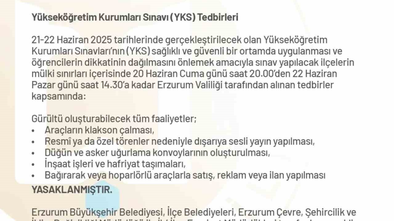 Erzurum Valiliği YKS önlemleri aldı