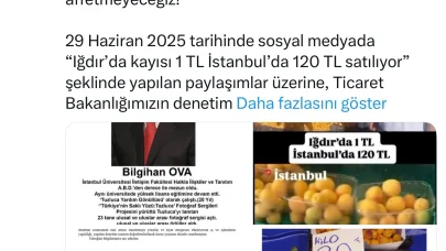 ’Iğdır’da kayısı 1 TL, İstanbul’da 120 TL’ paylaşımına "gerçek dışı bilgi yaymaktan" 1 milyon 400 bin TL idari para cezası