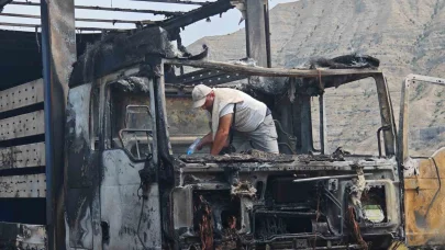 Erzurum-Artvin yolunda tır alev alev yandı
