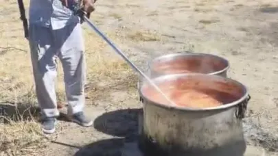 Ot biçme makinesiyle salçayı karıştırdı