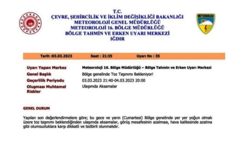 Kars’ta toz taşınımına karşı meteorolojik uyarı yapıldı