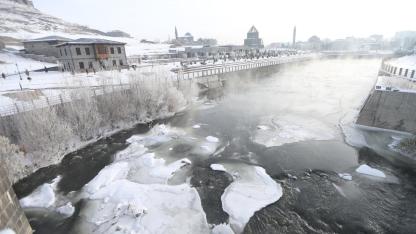 Kars'ta sulak alanlar dondu, ağaçları kırağı kapladı