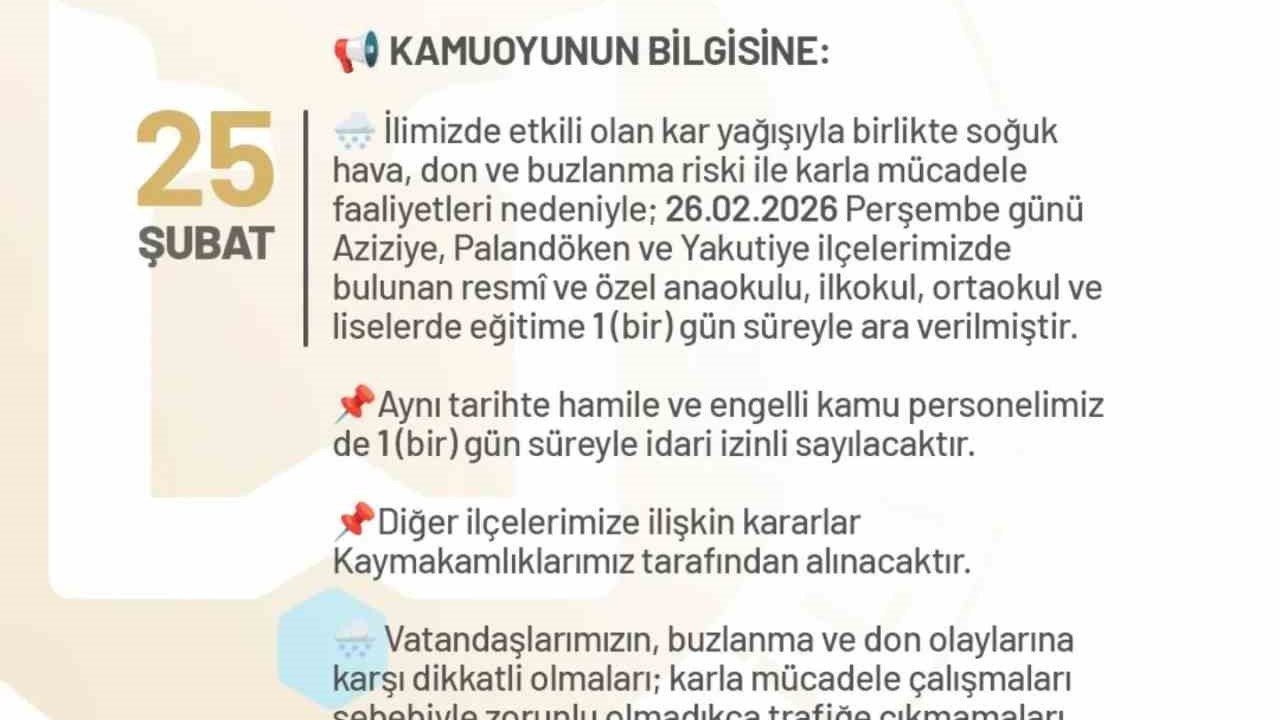 Erzurum’da okullara bir gün kar tatili