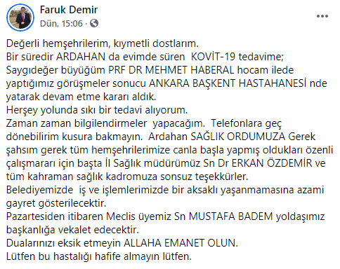 Koronavirüse yakalanan Ardahan Belediye Başkanı Faruk Demir'den mesaj